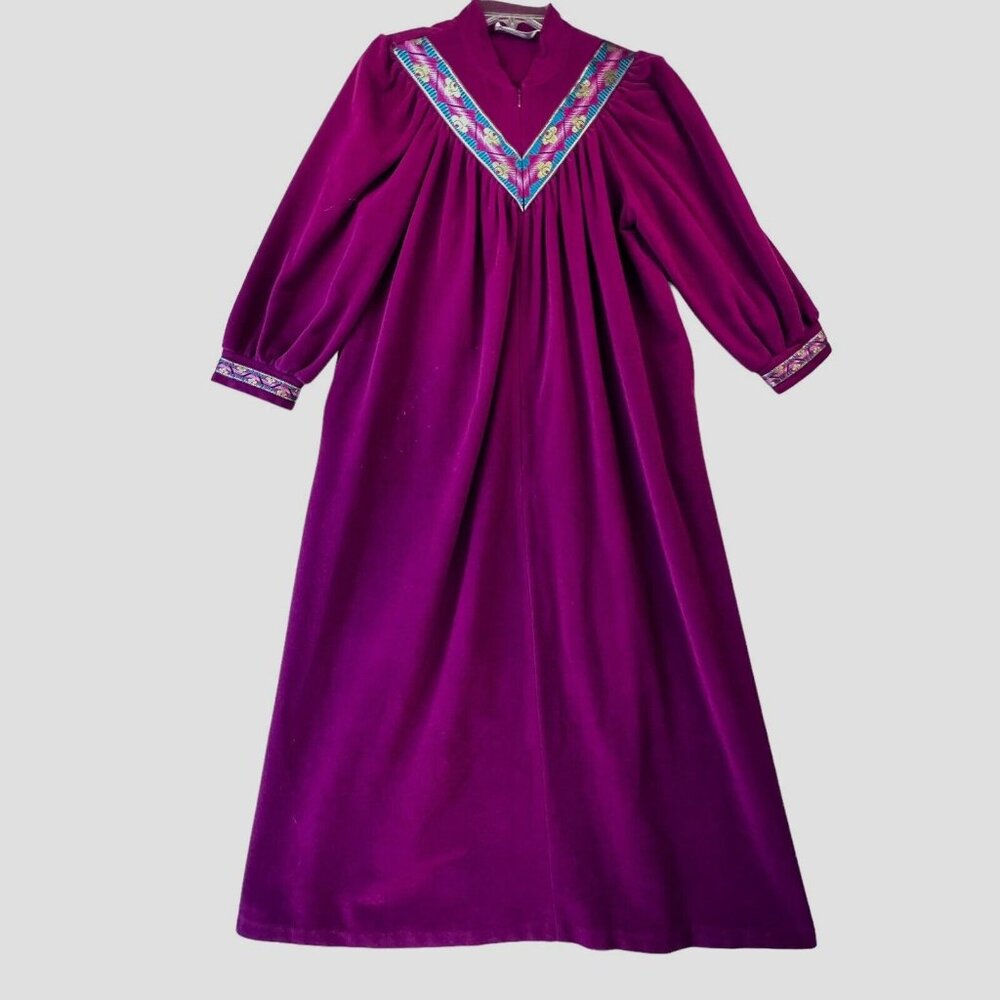 Vtg Vanity Fair Purple Velour Fleece Zip Robe Housecoat Pockets Embroidery Med